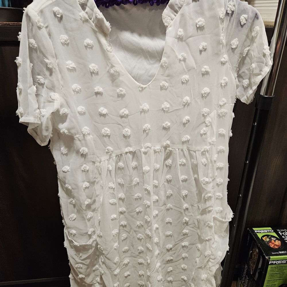 Boutique White Textured Short Sleeve Slip Dress
